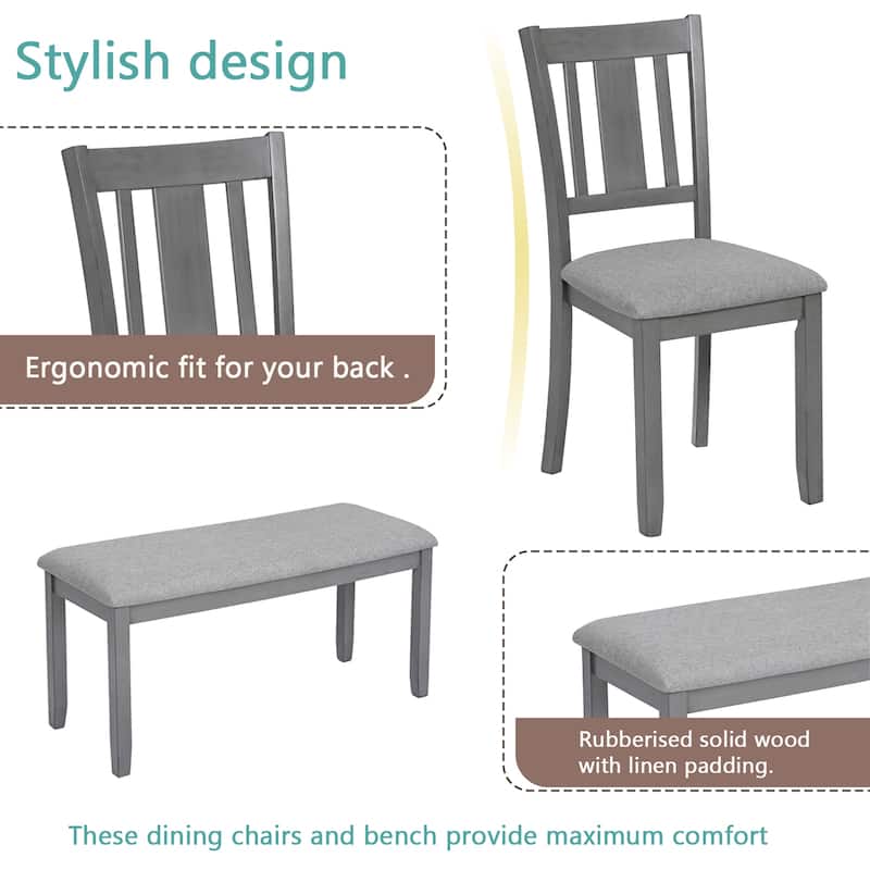 GDFStudio - Brookline 6-Piece Transitional Rectangular Wooden Dining Table Set with 4 Upholstered Chairs & 1 Bench