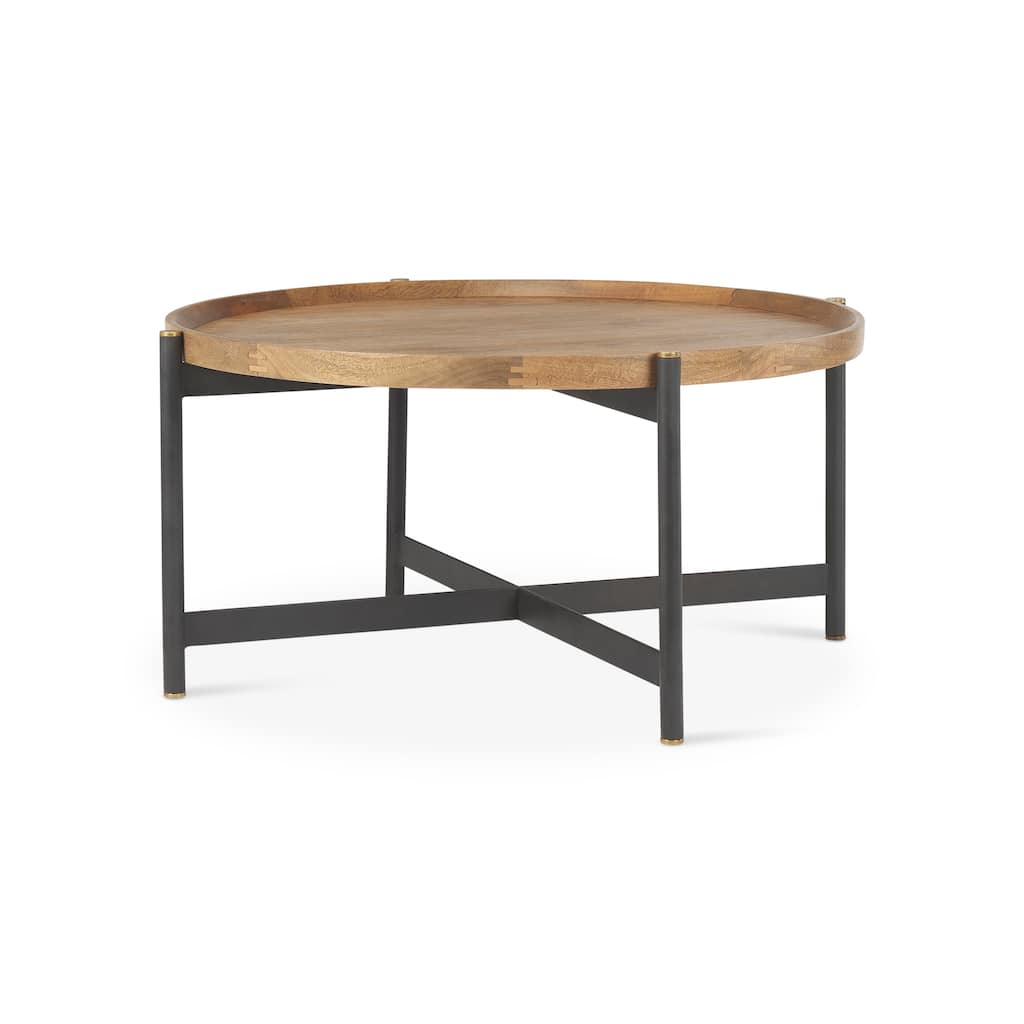 Marquisa Medium Brown Solid Wood w/ Black Iron Frame 34" Round Coffee Table - 34"L x 34"W x 16.5"H