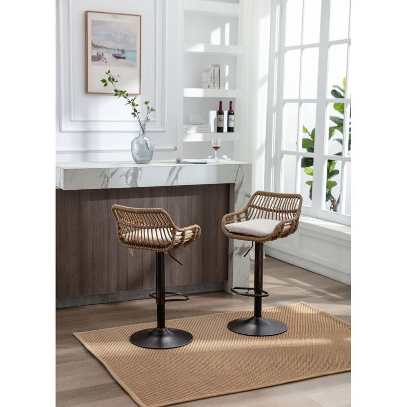 Swivel Bar Stools Set of 2, Adjustable Counter Height Rattan Bar Chairs with Footrest for Kitchen, Dining Room