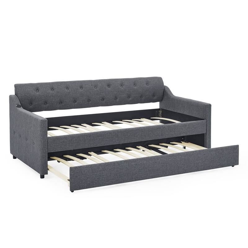 Twin Size Upholstery Daybed with Trundle Bed and Two Storage Drawers