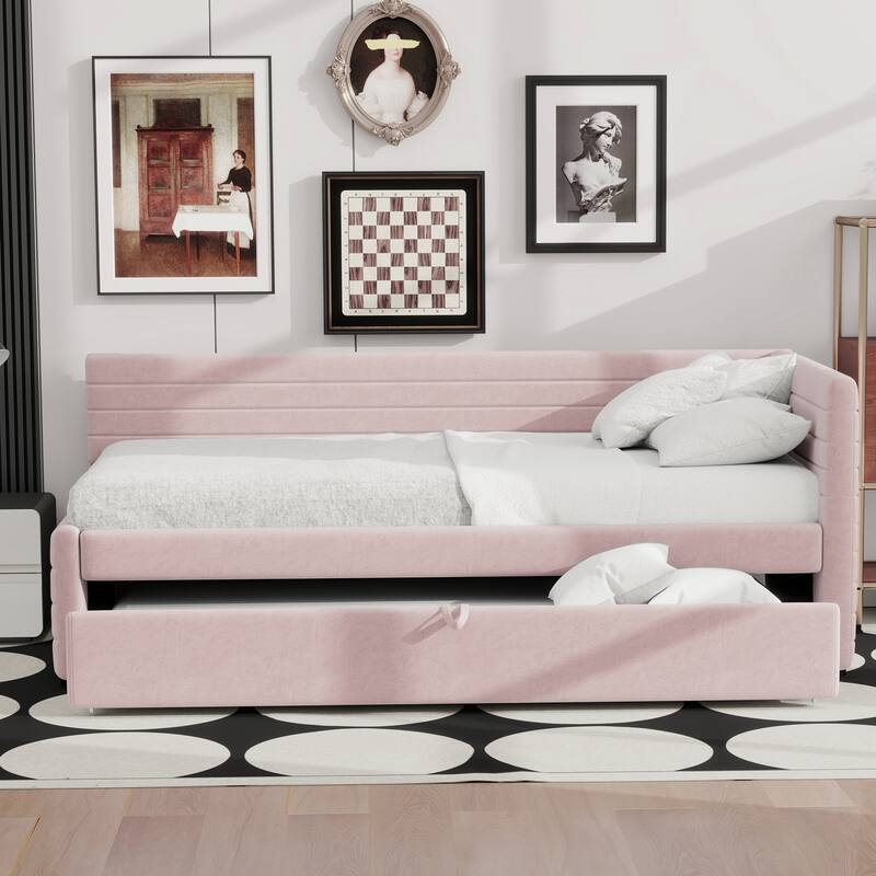 Twin Size Upholstered Daybed with Roll-Out Trundle, Space-Saving Wooden Frame, No Box Spring Needed