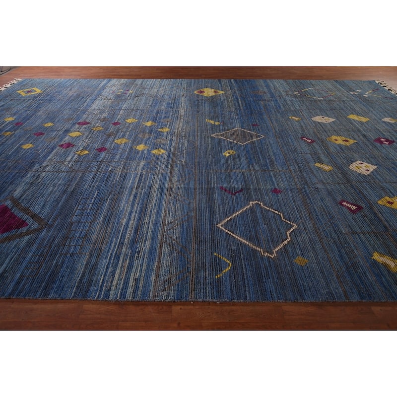 Blue Geometric Moroccan Large Area Rug Hand-Knotted Wool Carpet - 12'1"x 18'5"