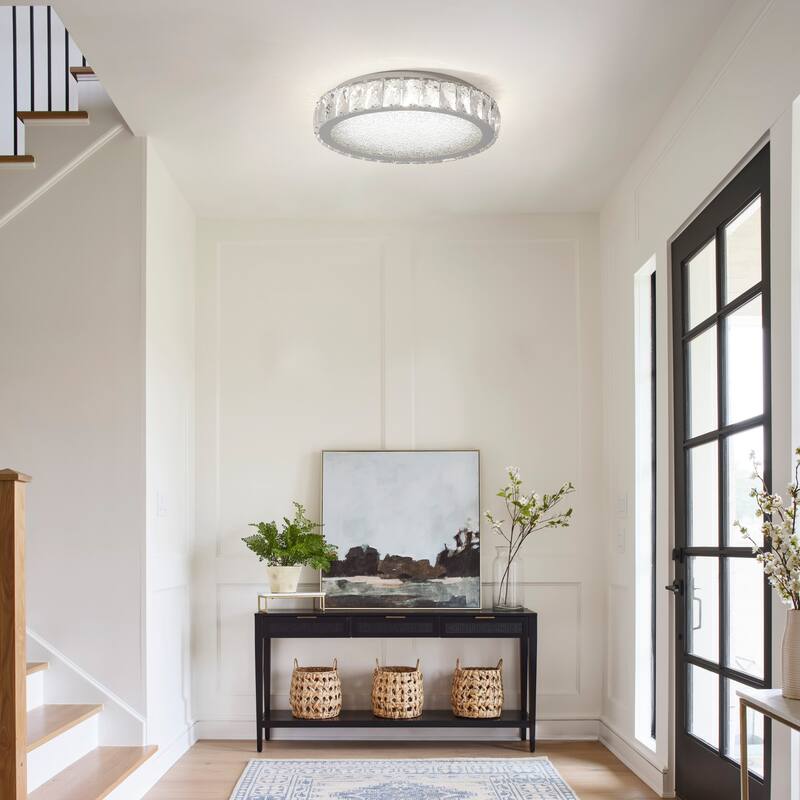 Crystal LED Ceiling Light, 13.8-Inch Flush Mount, 38W Dimmable Modern Fixture, Perfect for Living Room, Bedroom - Chrome