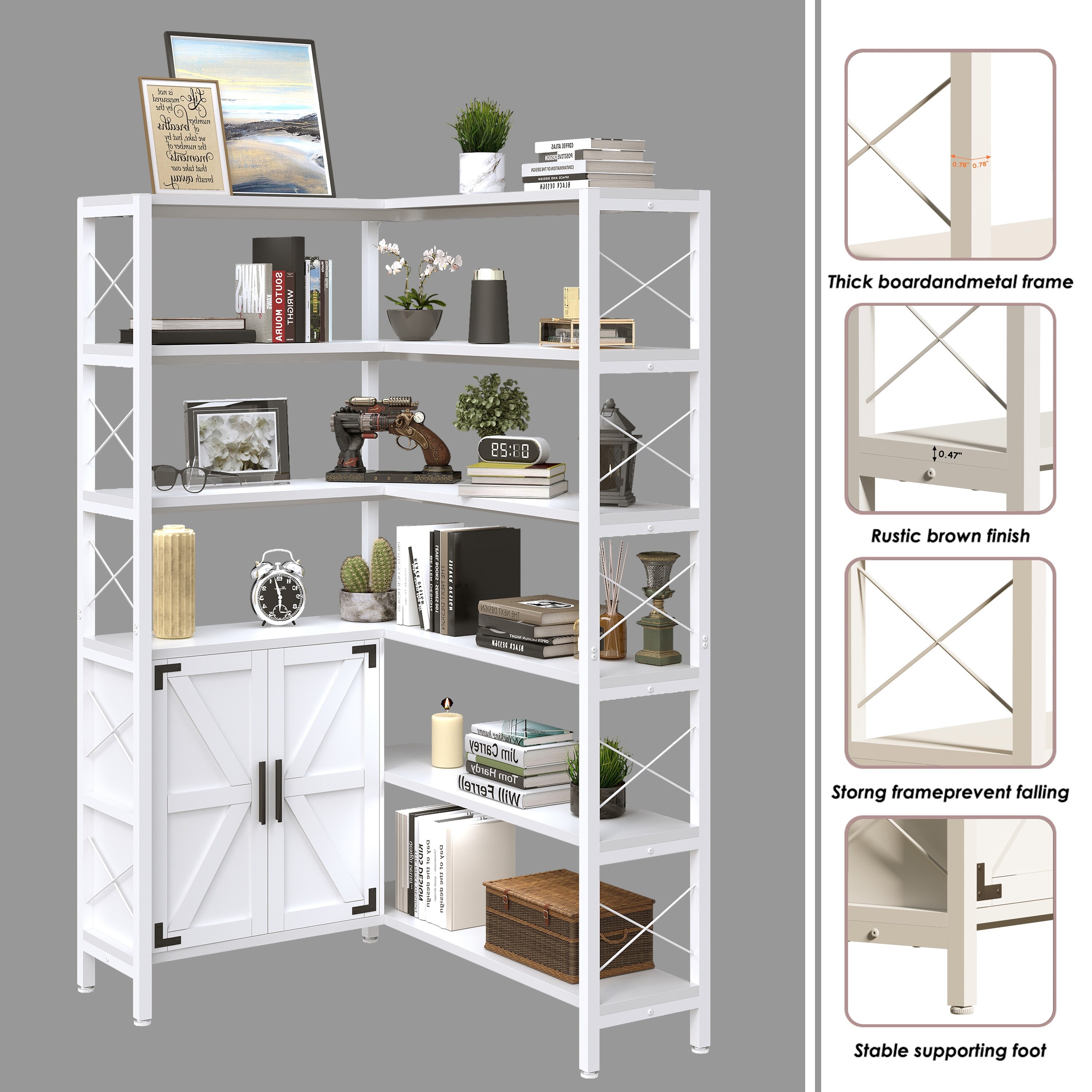 6-Shelf Corner Bookshelf, Vintage Industrial Corner