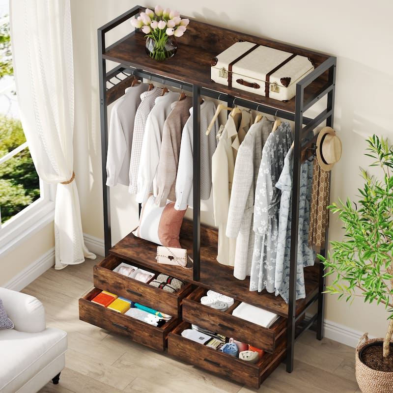 Freestanding Closet Organizer, Clothing Rack with 4 Drawers, 8 Hooks and Storage Shelves - Grey