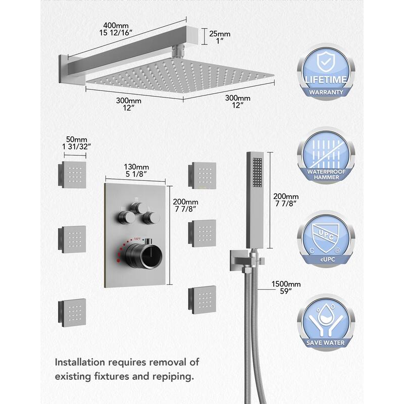 Thermostatic Shower System 12" Rain Shower Head with High Pressure Handheld Spray