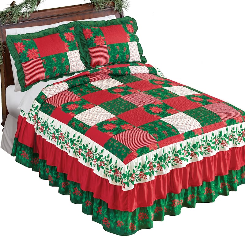 Mistletoe Patchwork Triple Ruffle Holiday Bedspread
