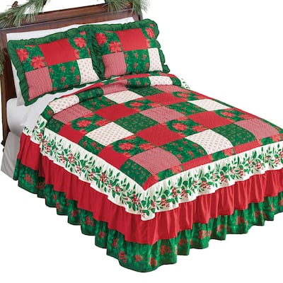 Mistletoe Patchwork Triple Ruffle Holiday Bedspread