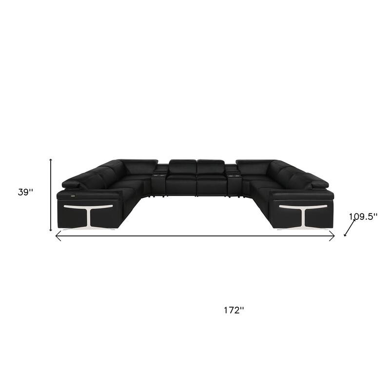 HomeRoots Black Italian Leather Power Reclining U Shaped Ten Piece Corner Sectional With Console