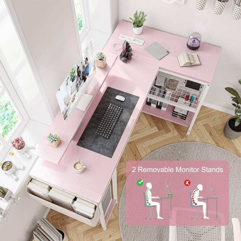 L Shaped Computer Desk with Power Outlets & LED Light