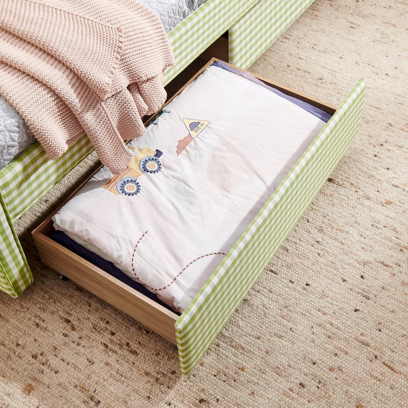 Twin Size Gingham Linen Upholstered Daybed with 2 Storage Drawers, USB Charging Station & Waved Arms