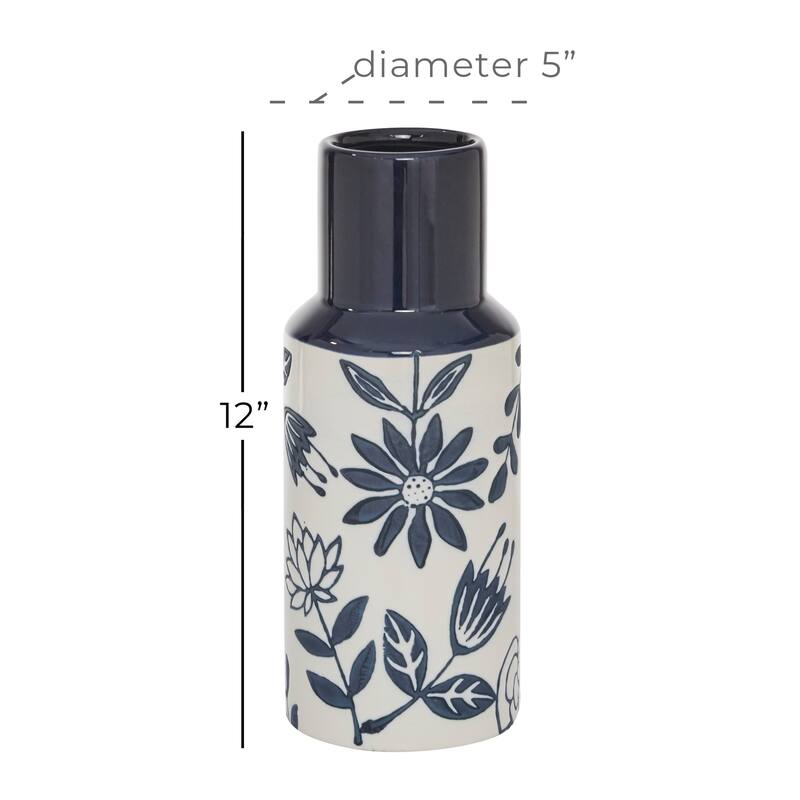 Ceramic Floral Handmade Vase - Blue - Roche River Decor - 5"W x 5"L x 12"H