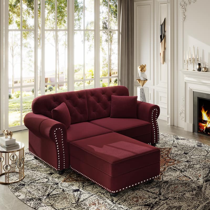 Mid Century Modern Couch, Velvet Chesterfield Sofa Button Tufted Oversized Loveseat Sofa with Nailhead Trim & Roll Armrests - Burgundy - 2 Seat+1 Ottoman