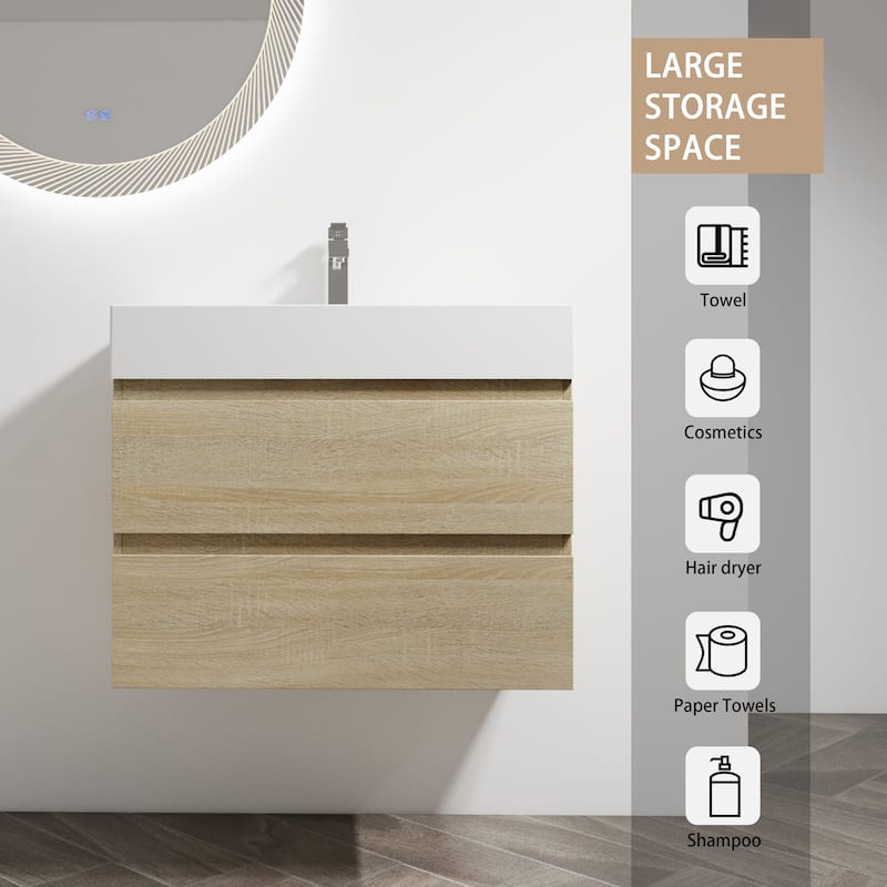 30" Wall-Mounted Bathroom Vanity With Resin Sink, 2-Soft Close Drawers