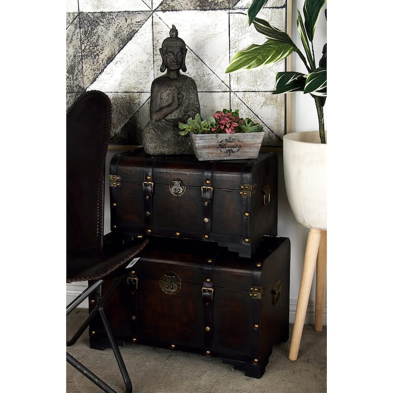 Wooden Nesting Upholstered Trunk with Vintage Accents and Studs - Set of 3 Brown - Roche River Decor - 16"Wx28"Lx19"H