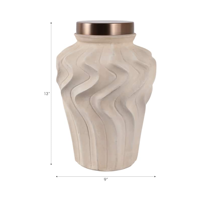 Pottery Jar Wavy Sculpted Tall with Metallic Lid Decorative Accent