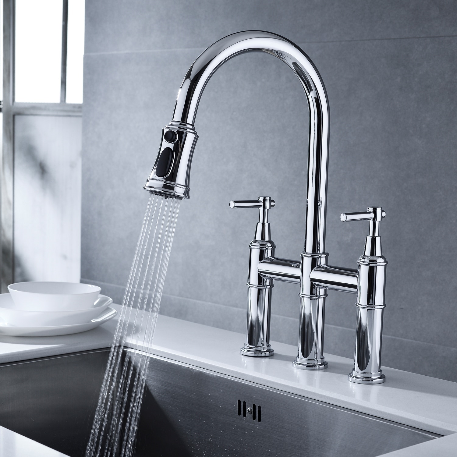 Chrome Bridge Kitchen Faucet with Pull-Down Sprayhead