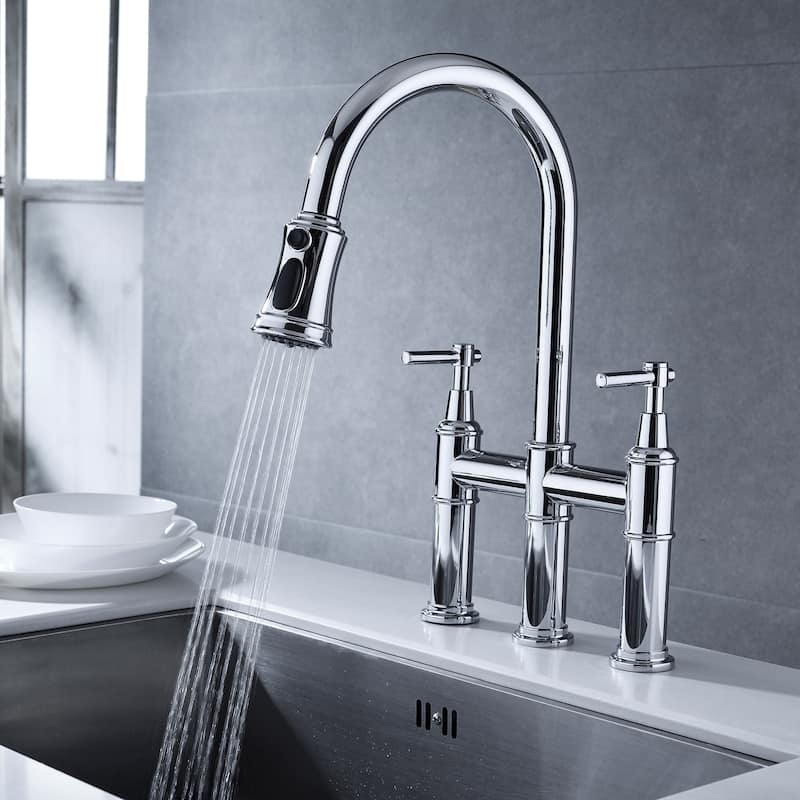 Chrome Bridge Kitchen Faucet with Pull-Down Sprayhead