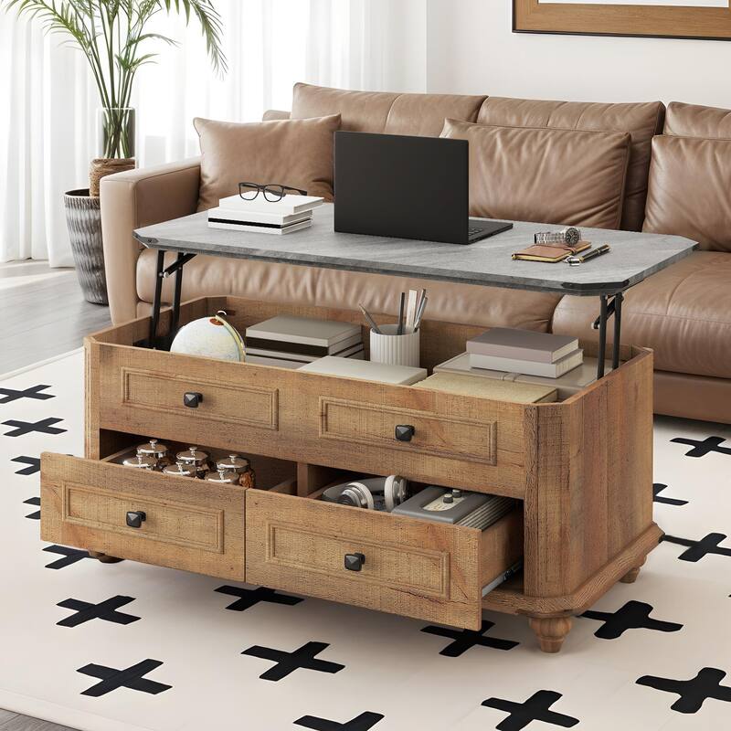 Moasis Farmhouse 36" Lift-top Rectangular Antique Coffee Table with 2 Drawers Hidden Storage - Grey Top/Brown