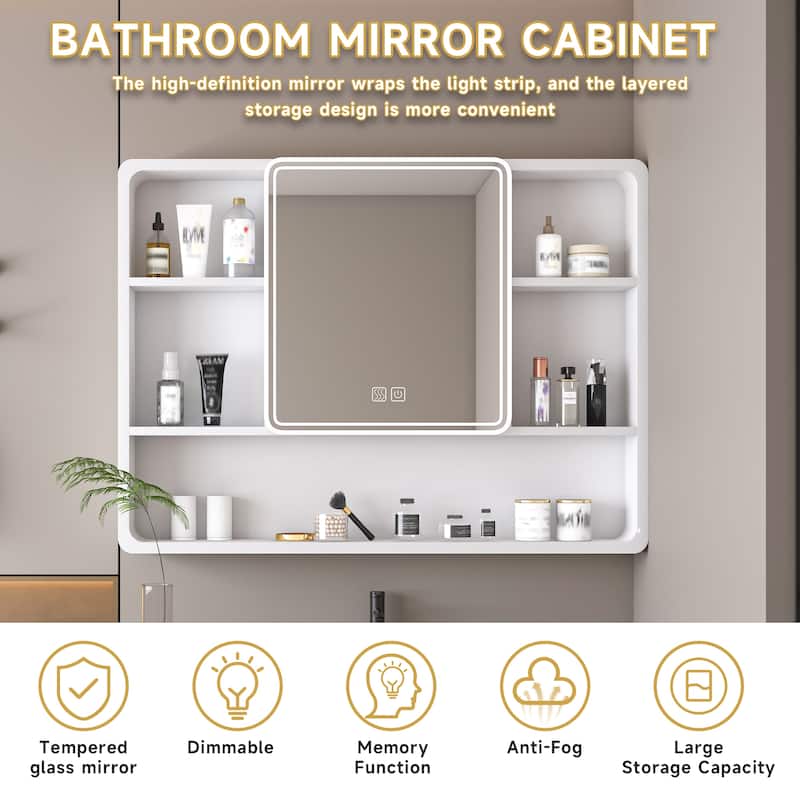 Aluminum Alloy LED Bathroom Mirror Cabinet with Adjustable Lighting Defogger and Cosmetic Storage - 35.4" x 27.6"