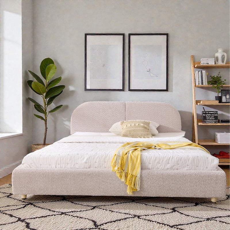 Upholstered Bed Frame with Tall Curved Headboard, Premium Circle Yarn Fabric, Modern Minimalist Platform Bed
