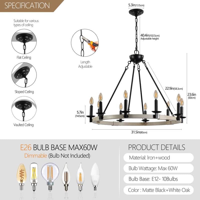 32-Inch Farmhouse Chandelier – 10-Light Black Metal & Wood Design with Adjustable Height (E12 Base, No Bulbs).