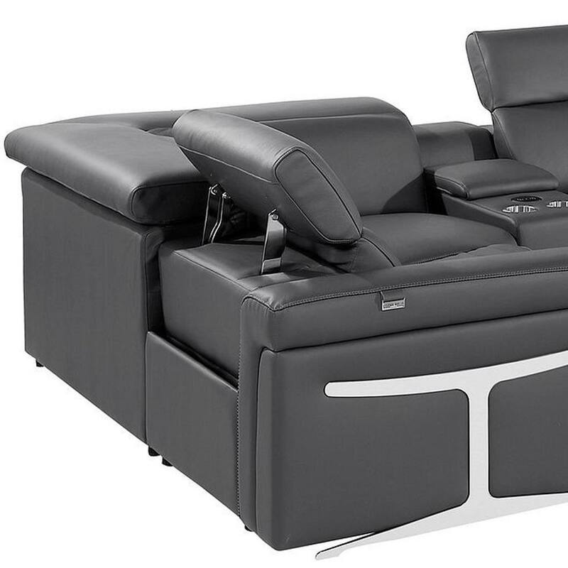 HomeRoots Dark Gray Italian Leather Power Reclining U Shaped Eight Piece Corner Sectional With Console