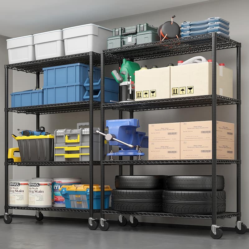 Black Adjustable 4-Layer Metal Storage Rack with Lockable Casters for Home and Commercial Use