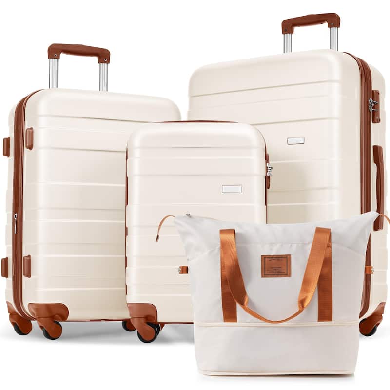 4 Piece High Quality ABS Expandable Lightweight Durable Suitcase Sets with 360掳 Spinner Wheels and TSA Lock & Travel Bag - Ivory