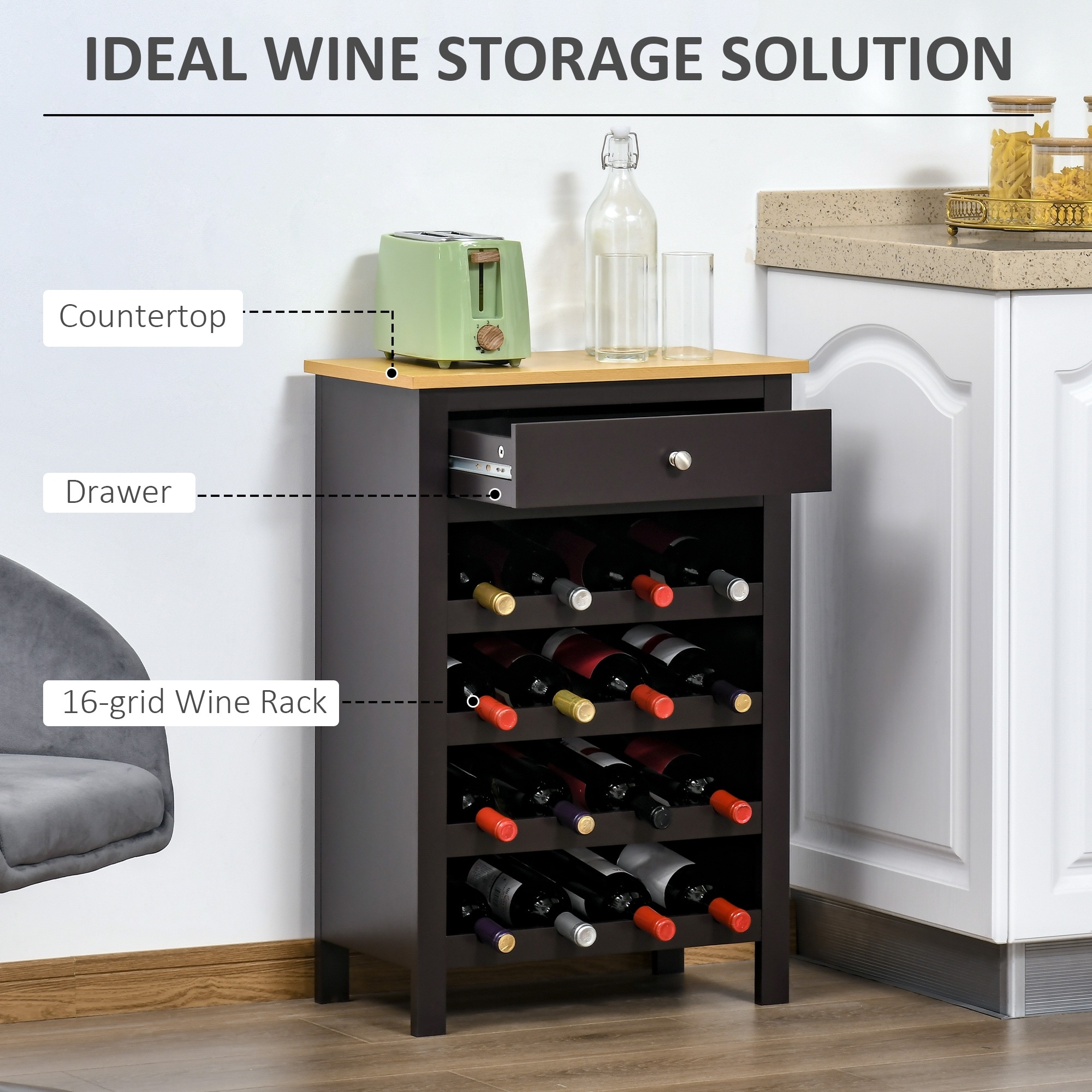 HOMCOM Modern Wine Rack Storage Cabinet with 16 Bottle Wine Holder and Drawer for Living Room or Home Bar Dark Brown N A Bed Bath Beyond 36757057