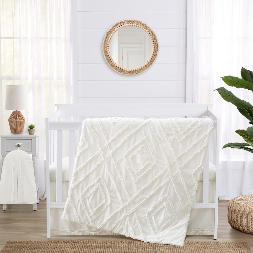 Sweet Jojo Designs Ivory Boho Diamond Boy Girl 4pc Nursery Crib Bedding Set Bohemian Gender Neutral Shabby Chic Cotton Fringe
