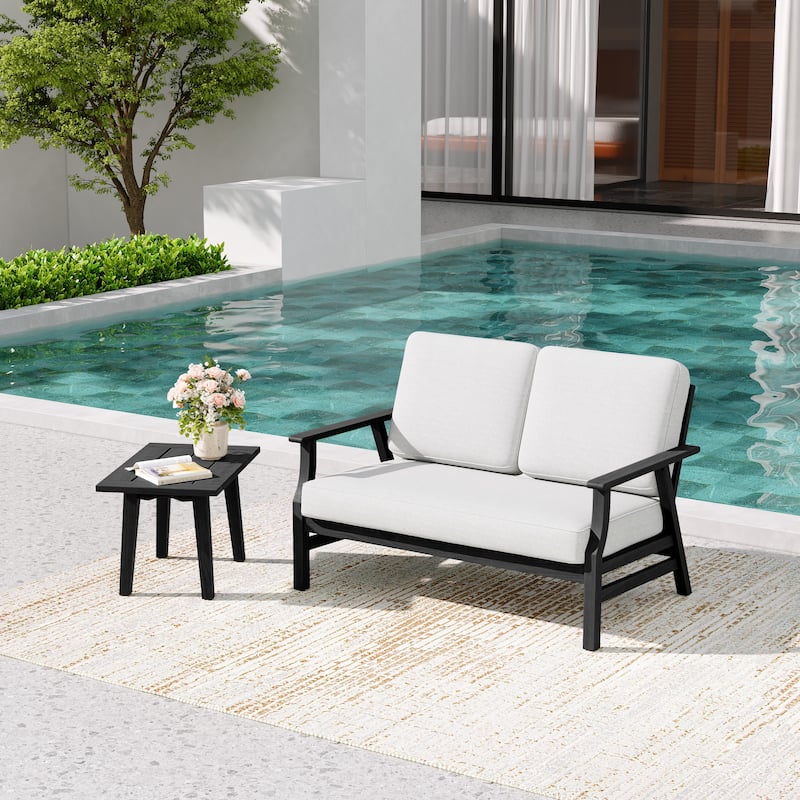 2-Piece Teak Outdoor Loveseat Set with Table.