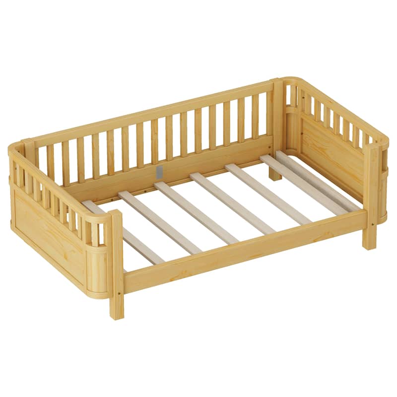 Toddler Platform Bed with Fences Headboard Footboard and Removable Side Rails for Kids, Girls and Boys Wooden Daybed