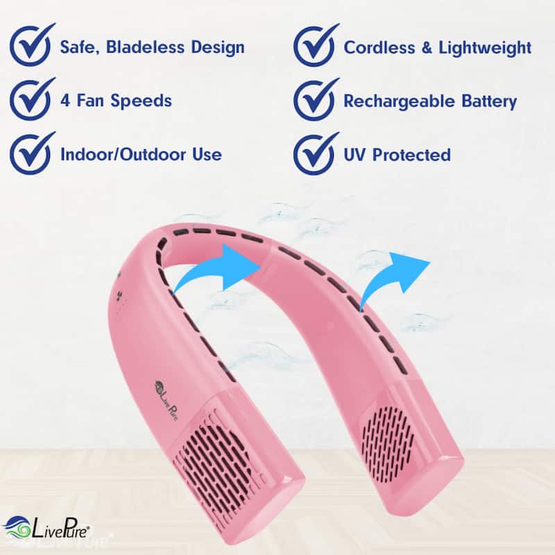 LivePure Neck Fan, Hands Free Portable Fan for Travel and Outdoors. Rechargeable Wearable Personal Fan.