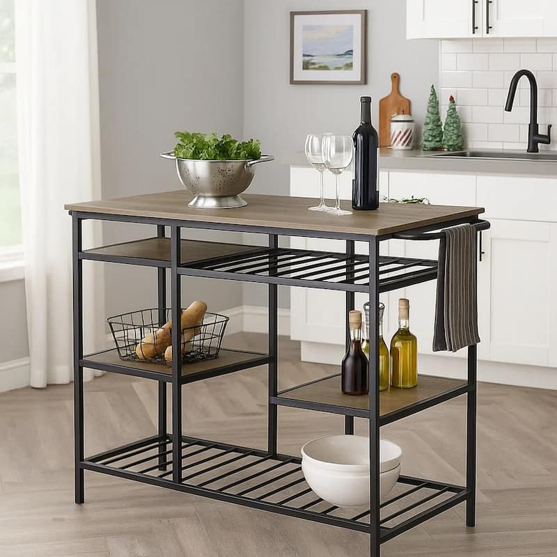 Kitchen Island with Slatted and Bottom Shelves, Oak Brown