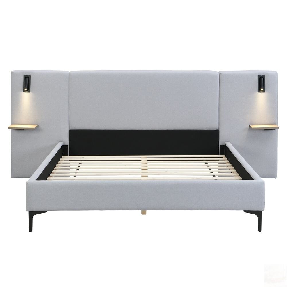 Chic Linen Upholstered Bed with Integrated Lights and Shelves
