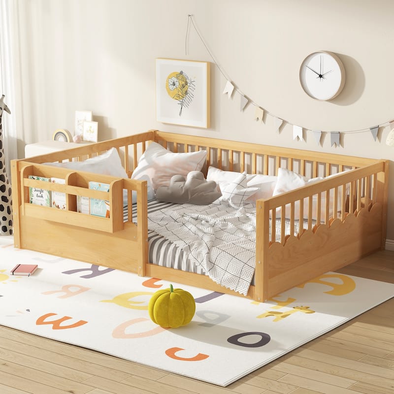 Full Floor bed with Heightened Fence and bookshelf, Wood Floor Bed for Kids
