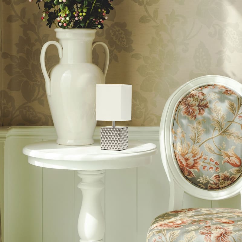 Tall Petite Ceramic Hammered Bedside Table Desk Lamp with Rectangular Shade - 11.75" - Silver and White