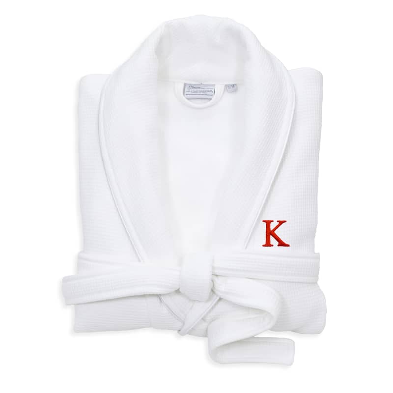 Authentic Hotel and Spa White Unisex Turkish Cotton Waffle Weave Terry Bath Robe with Red Block Monogram - L/XL - K