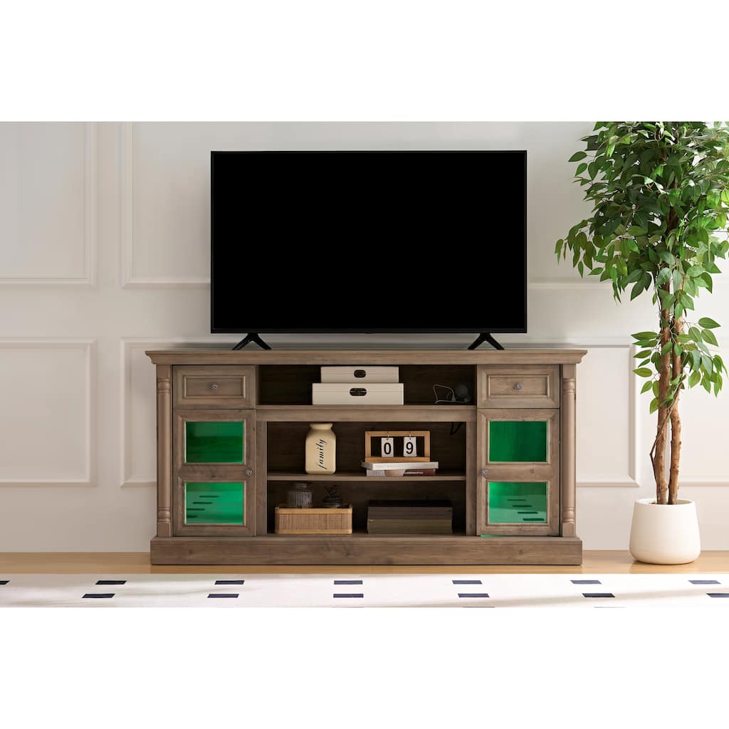 Farmhouse-Style Fireplace TV Stand up to 80-Inch TV with LED Lights, Glass Door Cabinets and Drawers, for Living Room