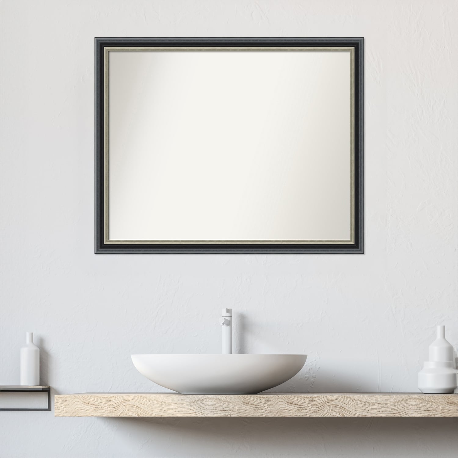 Theo Black Silver Non-Beveled Wood Framed Bathroom Vanity Wall Mirror - Theo Black Silver