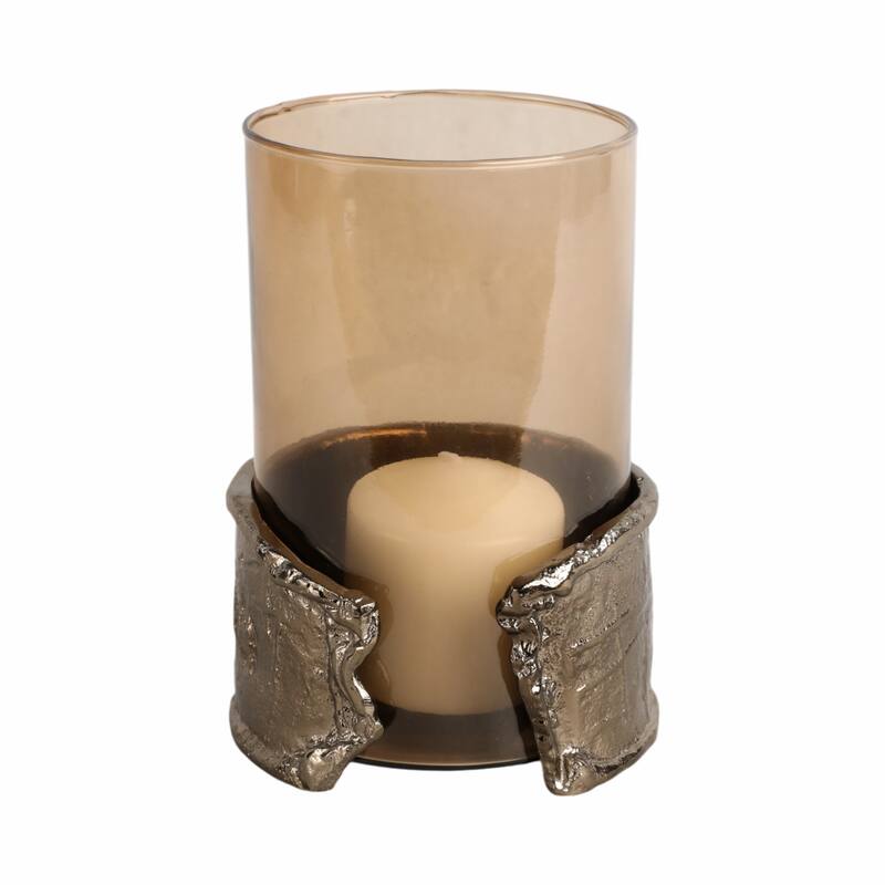 Candle Holder - Brown Glass with Metal Wraparound