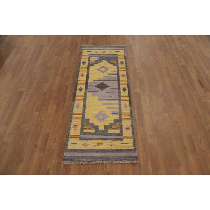 Hand Woven Oriental 100% Wool Carpet Southwestern Tribal Yellow & Gold Kilim Runner Rug - 5' 9'' X 2' 1''