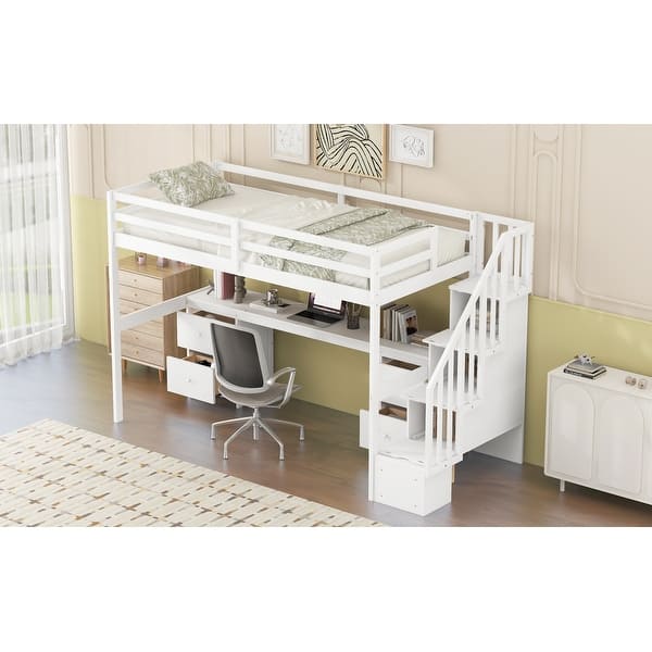 slide 2 of 13, Wooden Twin Size Loft Bed wtih Rectangle Desk Underneath and Double Storage Drawers, Side Staircase Built-in Storage White - Twin