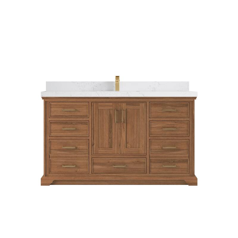 Willow Collections 60 in. W x 22 in. D Charlotte Teak Single Sink Bathroom Solid Teak Vanity with Countertop - 2”Empira White - Dark Natural