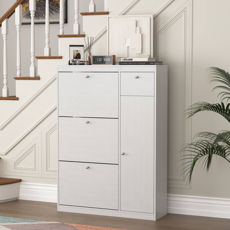 Narrow Shoe Rack Cabinet Organizer with 3 Flip Drawers, Adjustable Compartments and Spacious Top for Entryway or Hallway