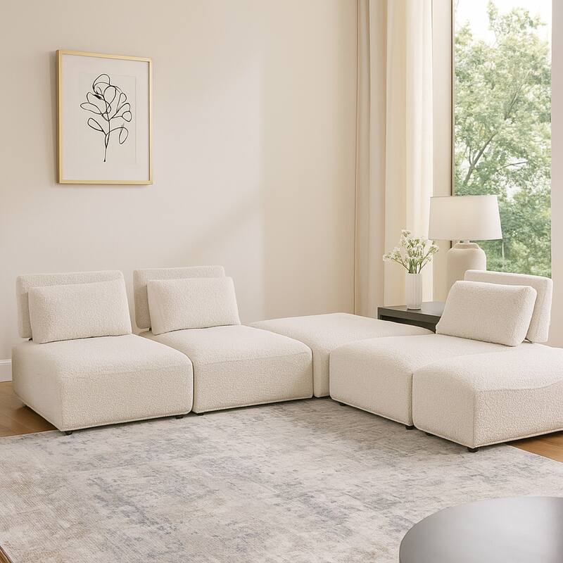 Stavan Modular L Sectional Sofa Set, Beige Boucle, Adjustable Backs