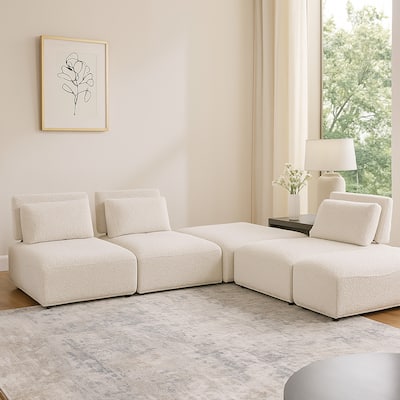 Stavan Modular L Sectional Sofa Set, Beige Boucle, Adjustable Backs