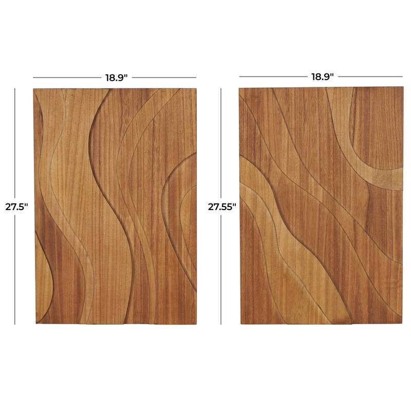 Brown Wooden Wavy Carved Abstract Home Wall Decor (Set of 2)