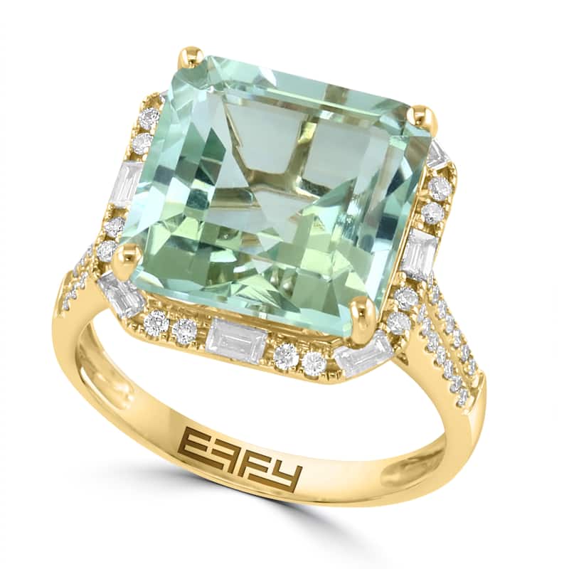 EFFY 14K Gold Diamond Emerald Cut Green Amethyst Ring